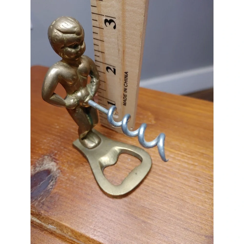 Vtg Brass Corkscrew Bottle Opener Little Pissing Man Wine Beer Novelty Bar Humor